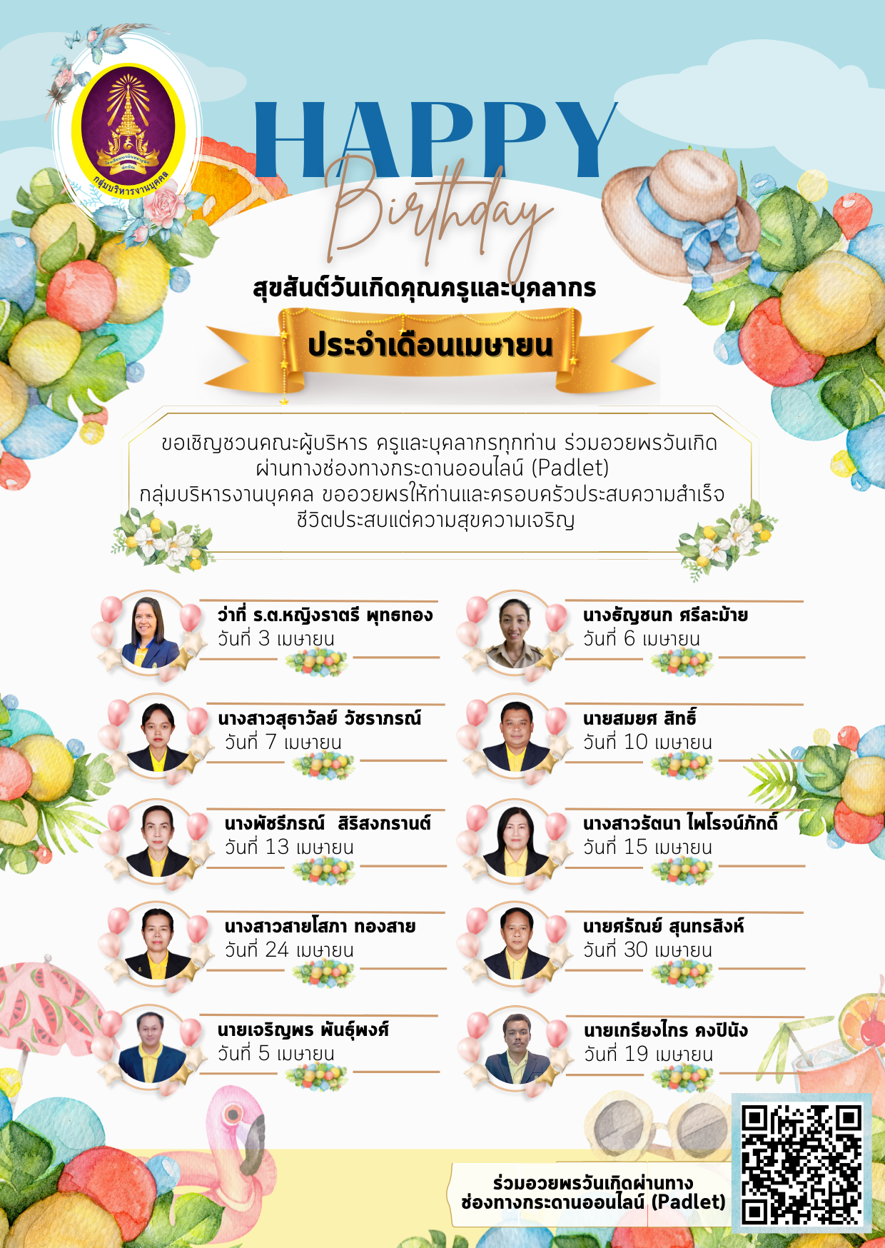 สุขสันต์วันเกิดคุณครูและบุคลากร ประจำเดือน เมษายน