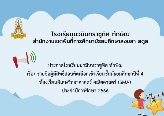 ประกาศรายชื่อผู้มีสิทธิ์สอบคัดเลือกเข้าเรียน ชั้นม.4 (SMA)